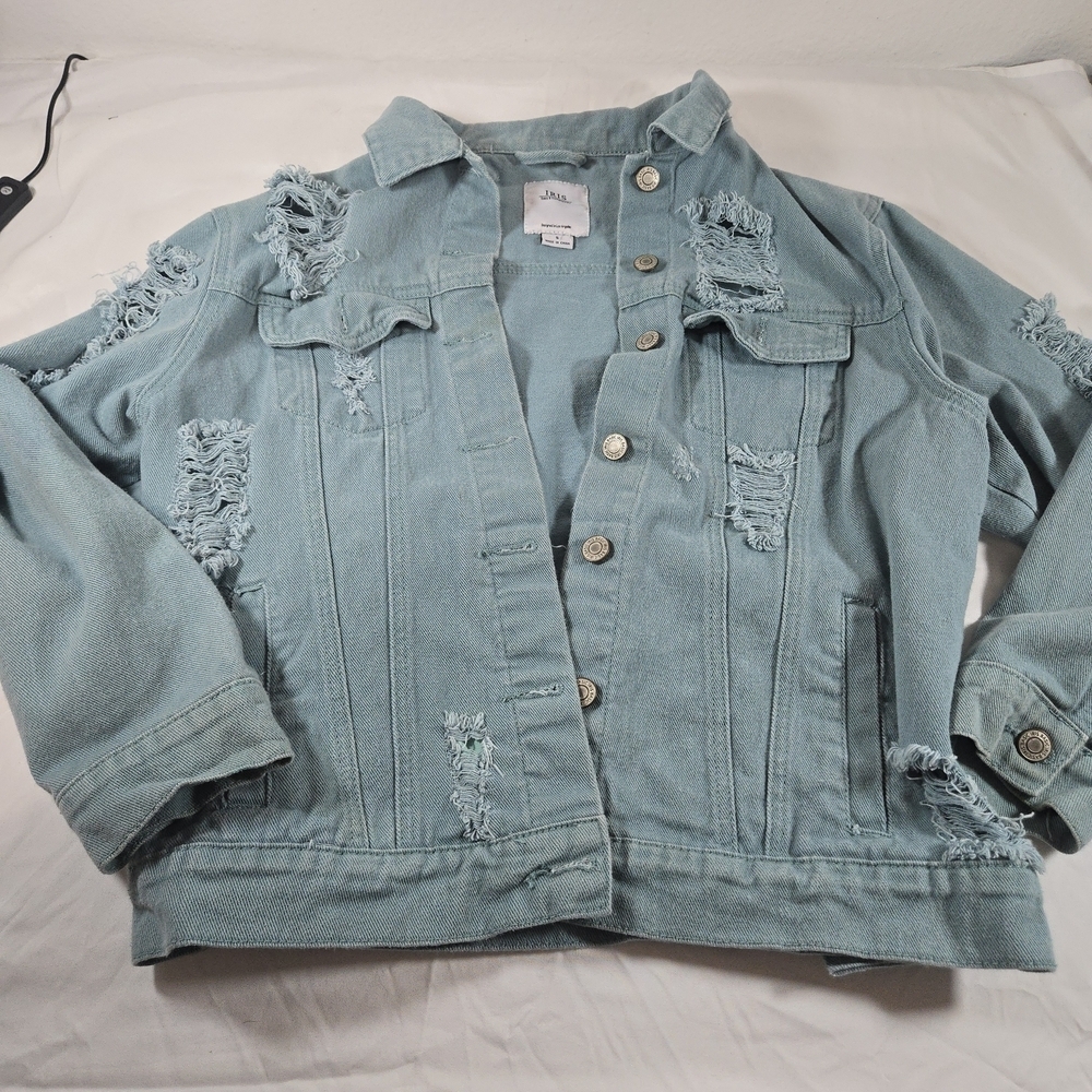 Iris Jeans Distressed Denim Jacket in Teal - Picture 6 of 13